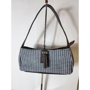 RETEM Small Blue Pink Fabric Faux Brown Leather Buckle and Handle Handbag